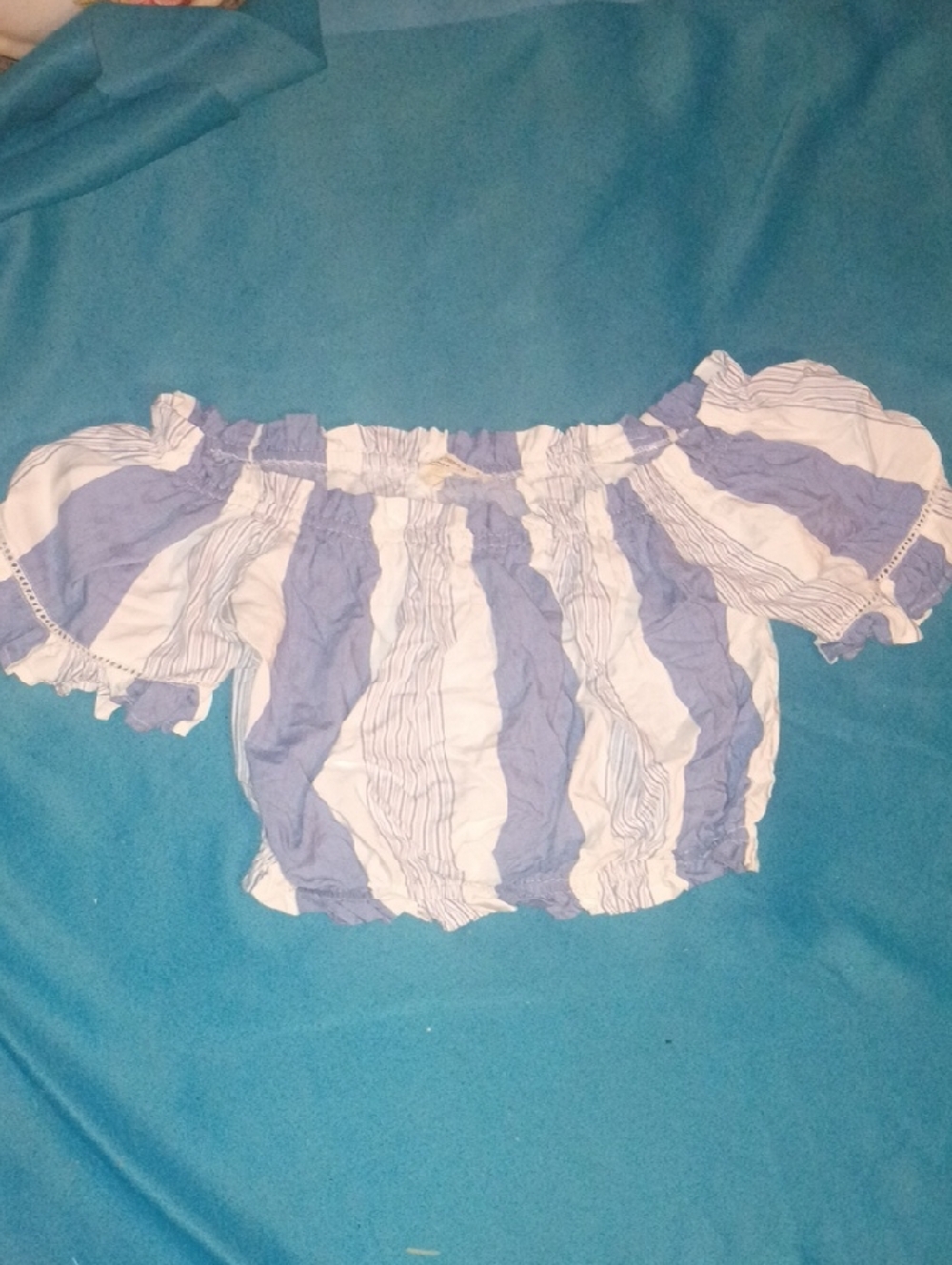 Ocean Drive Blue and White Striped Off-Shoulder Crop Top